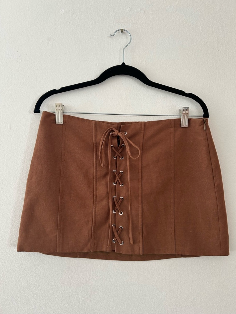 Zara Brown Lace Up Mini Skirt cotton-linen blend size medium